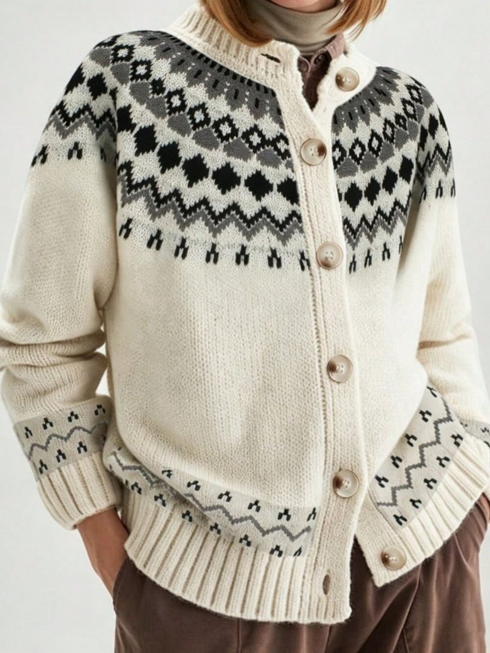 Cream & Black Casual Women's Geometric Knit Cardigan